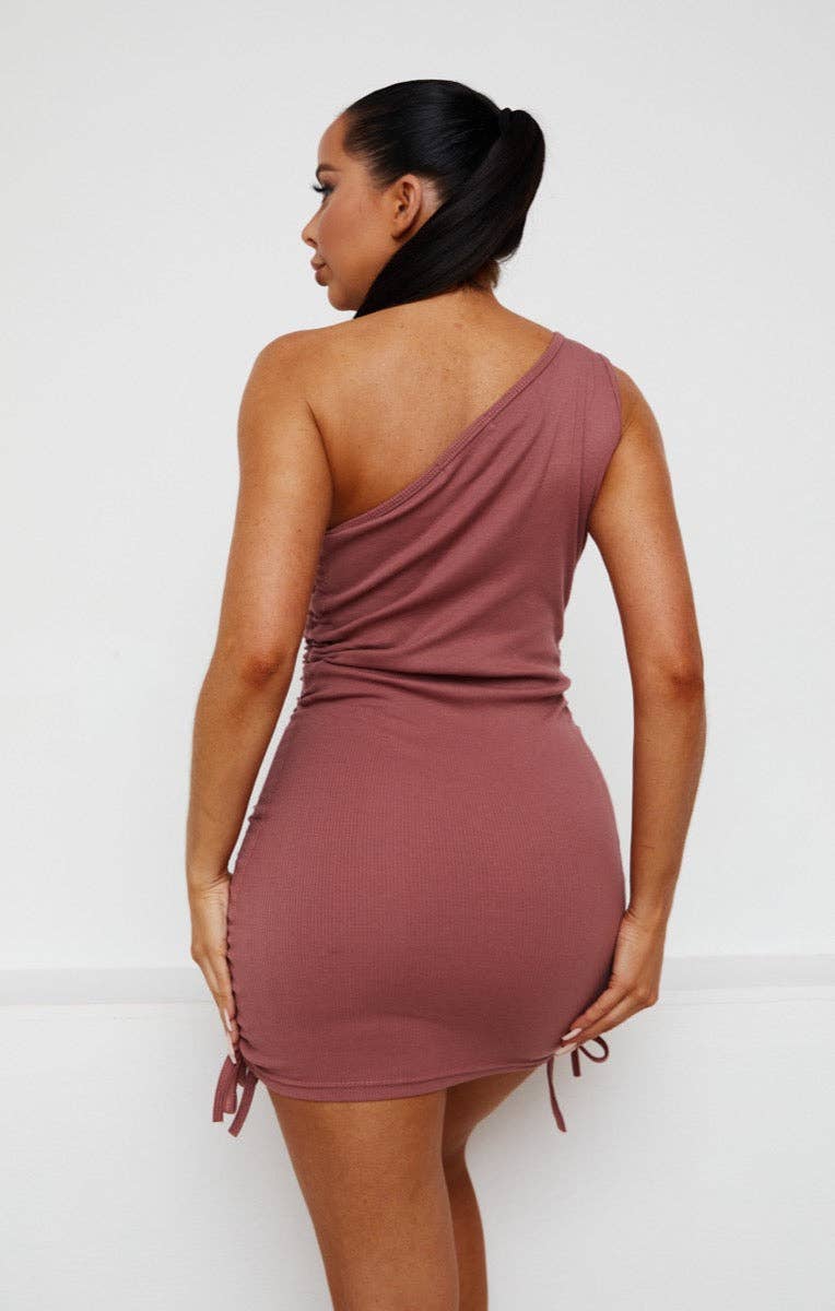 Chocolate Ribbed Ruched One Shoulder Bodycon Mini Dress - Ve - So•phis•ti•hood Boutique