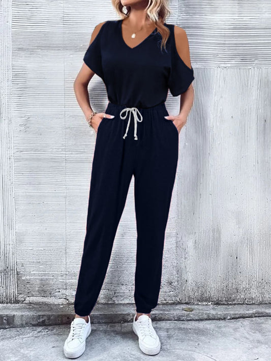 V-Neck Cold-Shoulder Jumpsuit with Pockets - So•phis•ti•hood Boutique