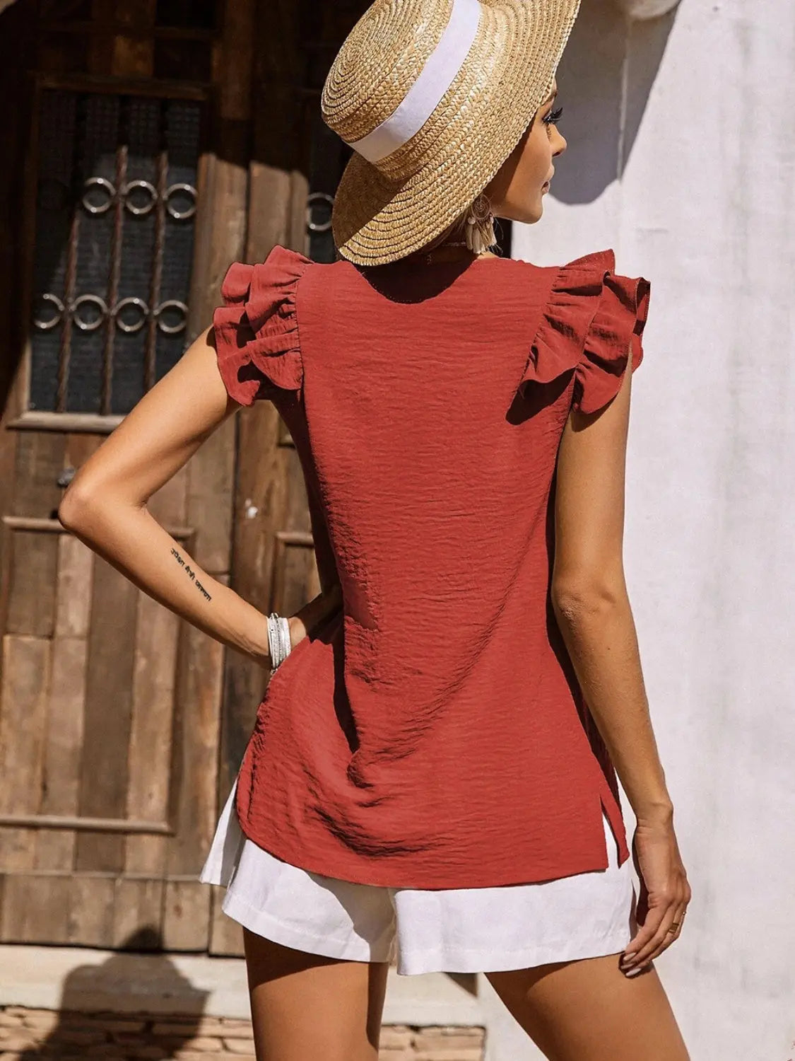 Ruffled V-Neck Cap Sleeve Blouse - So•phis•ti•hood Boutique