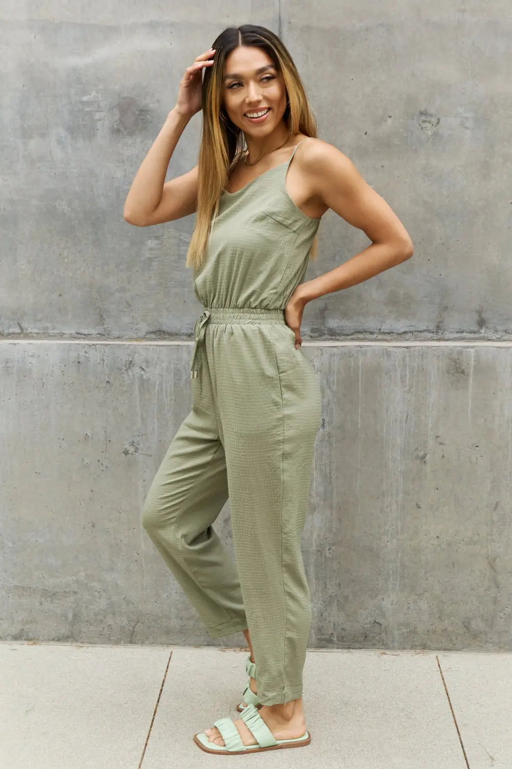 ODDI Full Size Textured Woven Jumpsuit in Sage - So•phis•ti•hood Boutique