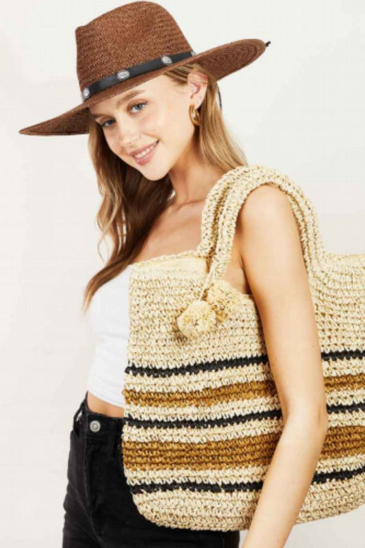 Fame Striped Straw Braided Tote Bag - So•phis•ti•hood Boutique