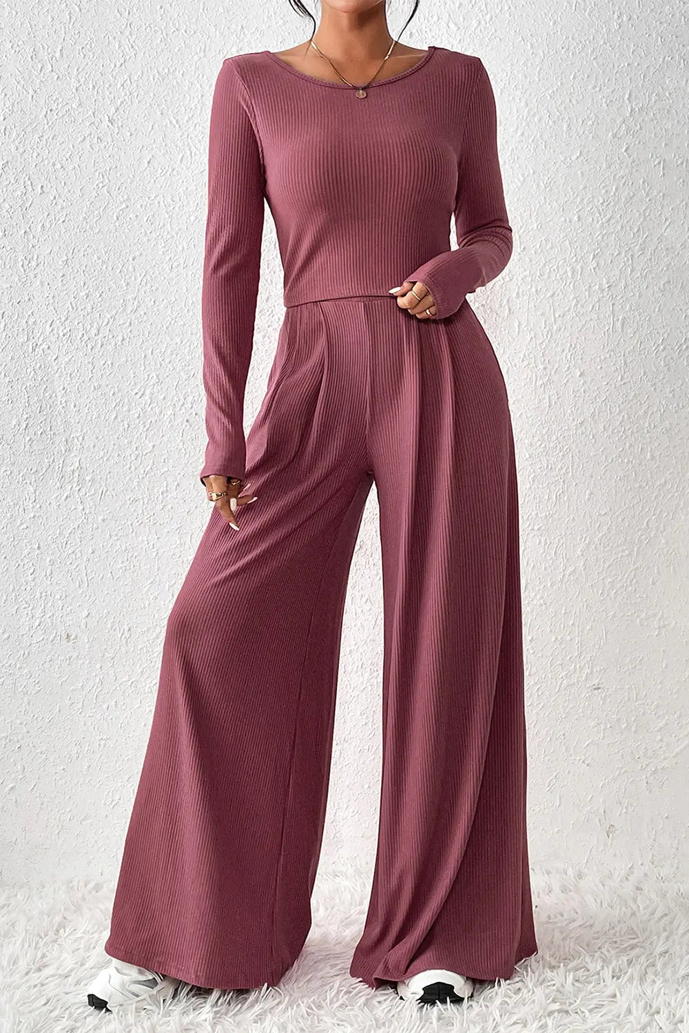 Ribbed Round Neck Top and Wide-Leg Pants Set - So•phis•ti•hood Boutique