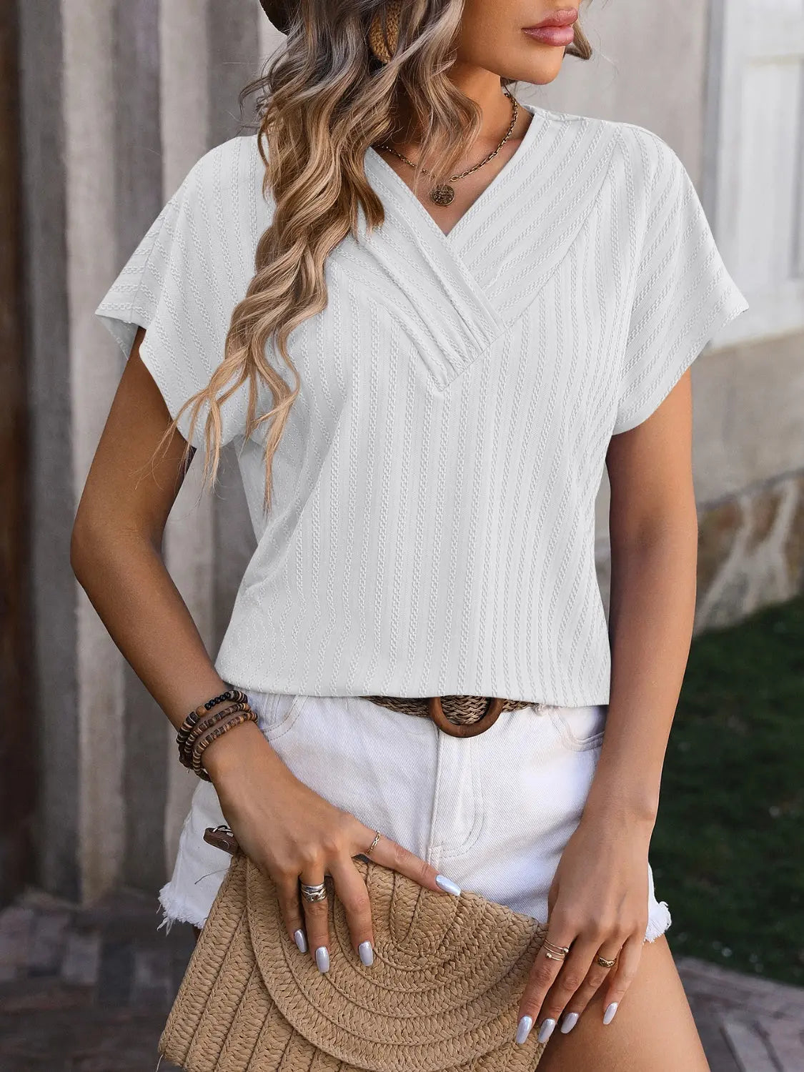 Textured Surplice Short Sleeve Blouse - So•phis•ti•hood Boutique