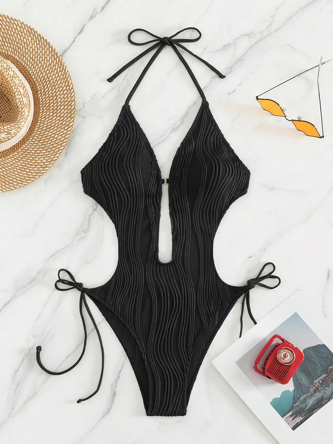 Textured Cutout Tied One-Piece Swimwear - So•phis•ti•hood Boutique