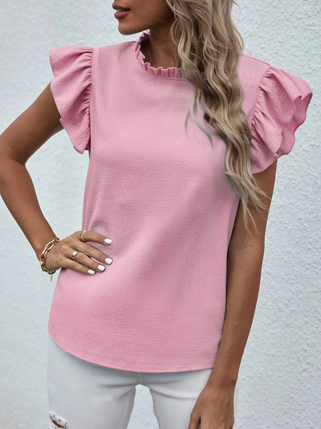 Mock Neck Ruffled Cap Sleeve Blouse - So•phis•ti•hood Boutique