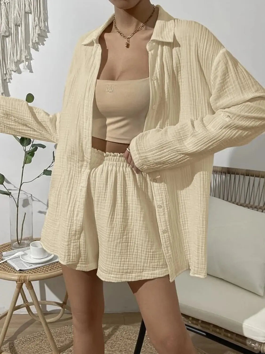 Dropped Shoulder Button Up Top and Elastic Waist Shorts Set - So•phis•ti•hood Boutique