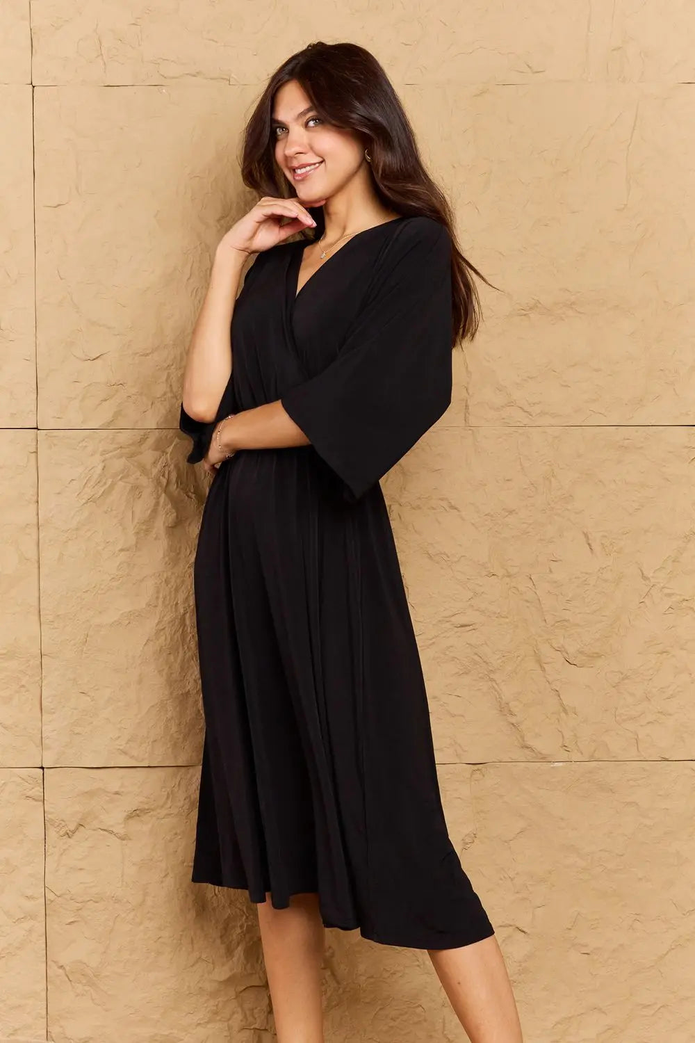 OneTheLand Make Your Move Solid Surplice Midi Dress - So•phis•ti•hood Boutique