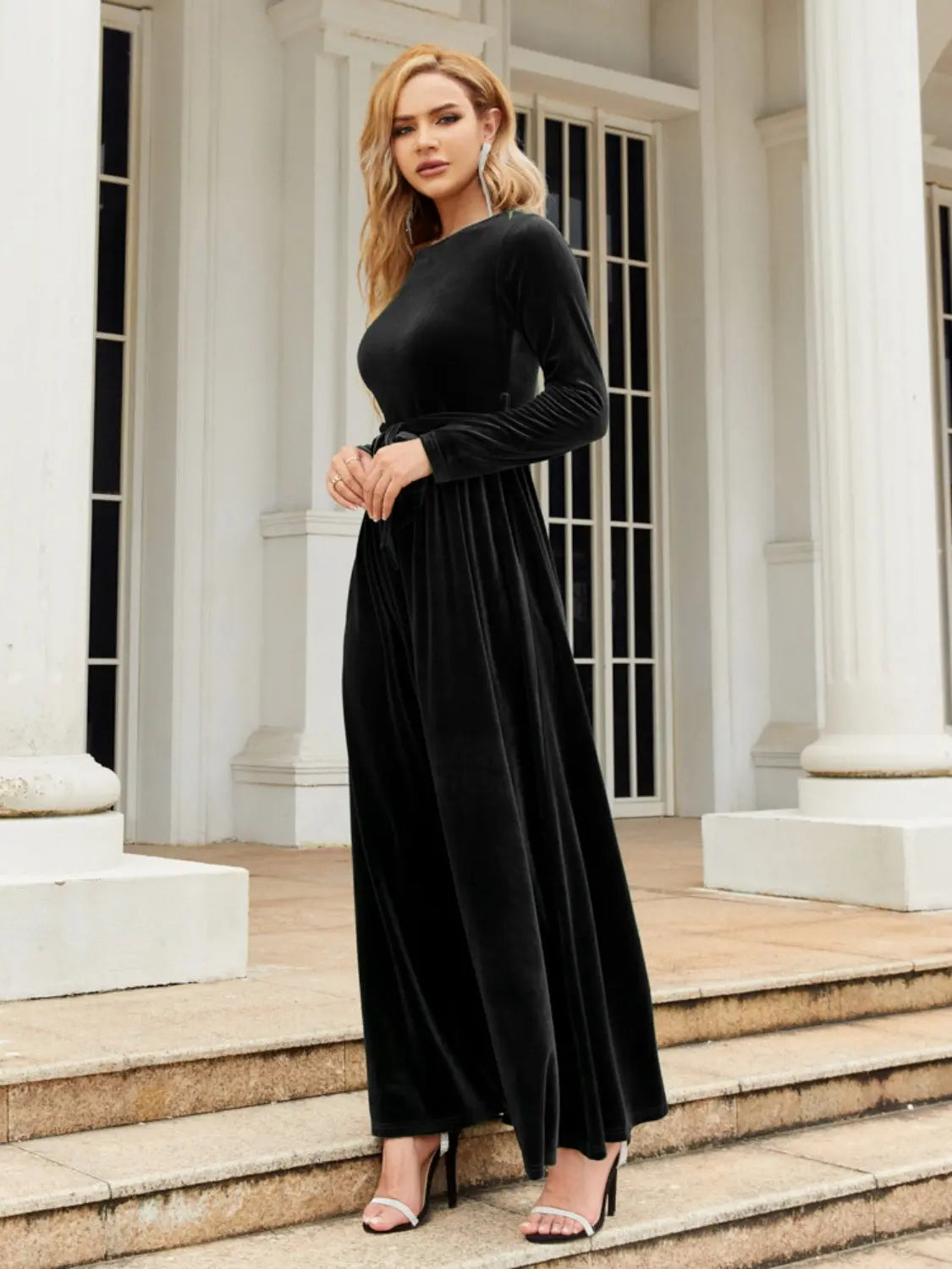 Tie Front Round Neck Long Sleeve Maxi Dress - So•phis•ti•hood Boutique