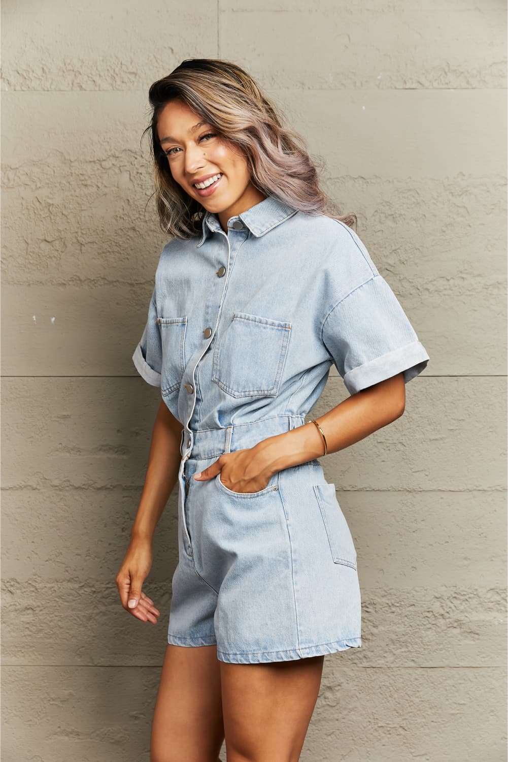 Collared Neck Denim Romper with Pockets - So•phis•ti•hood Boutique