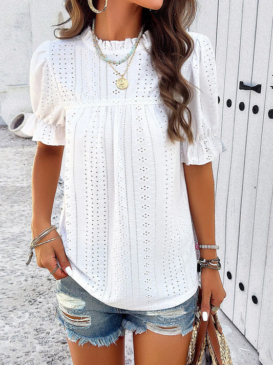 Eyelet Mock Neck Flounce Sleeve Blouse - So•phis•ti•hood Boutique