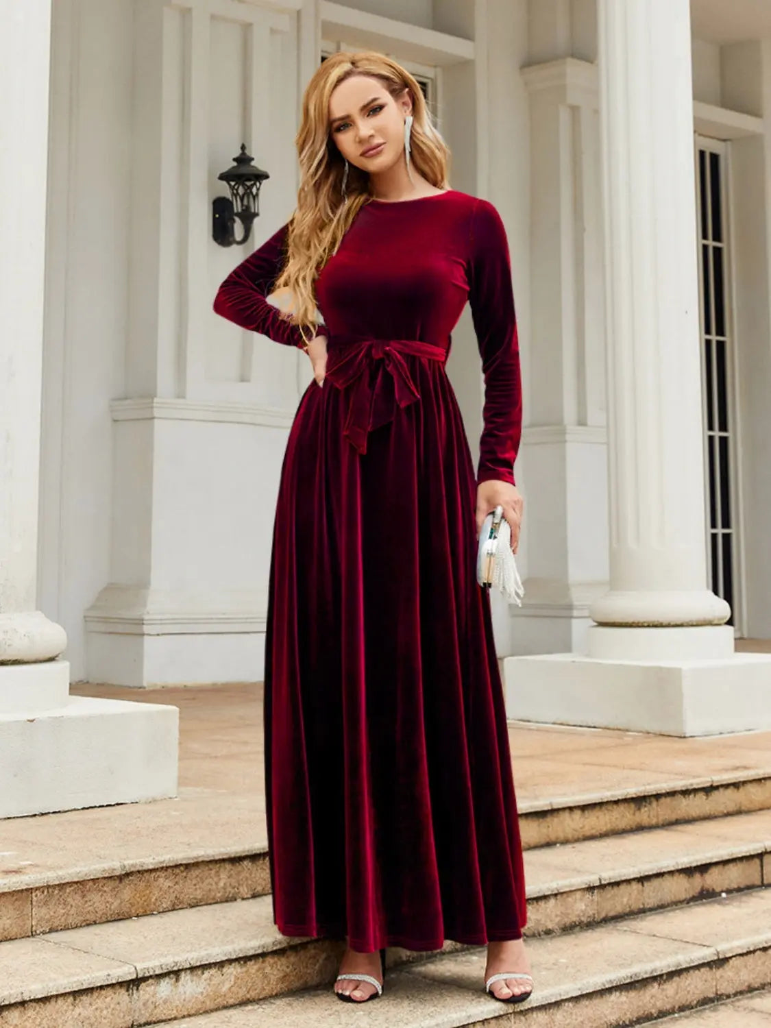 Tie Front Round Neck Long Sleeve Maxi Dress - So•phis•ti•hood Boutique