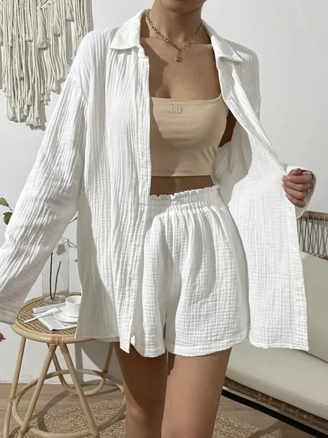 Dropped Shoulder Button Up Top and Elastic Waist Shorts Set - So•phis•ti•hood Boutique