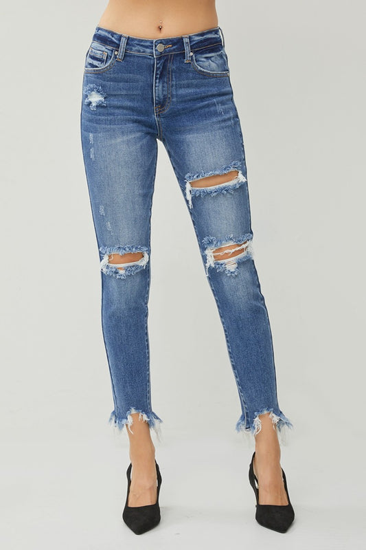 RISEN Distressed Frayed Hem Slim Jeans - So•phis•ti•hood Boutique