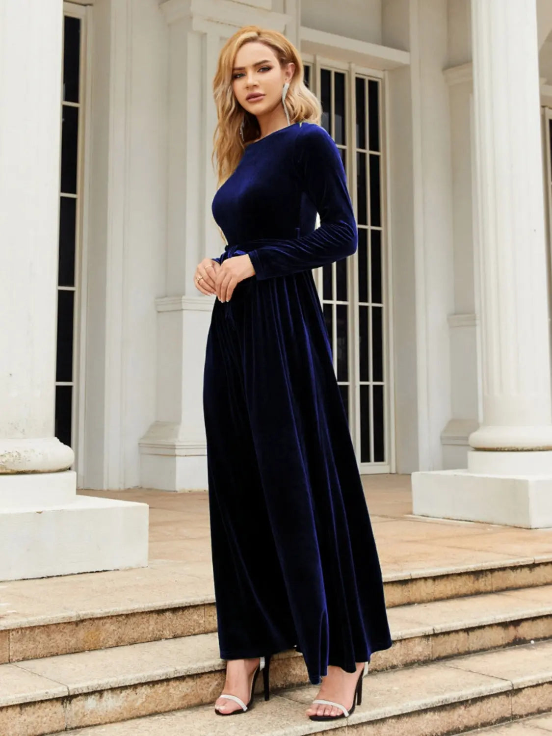 Tie Front Round Neck Long Sleeve Maxi Dress - So•phis•ti•hood Boutique