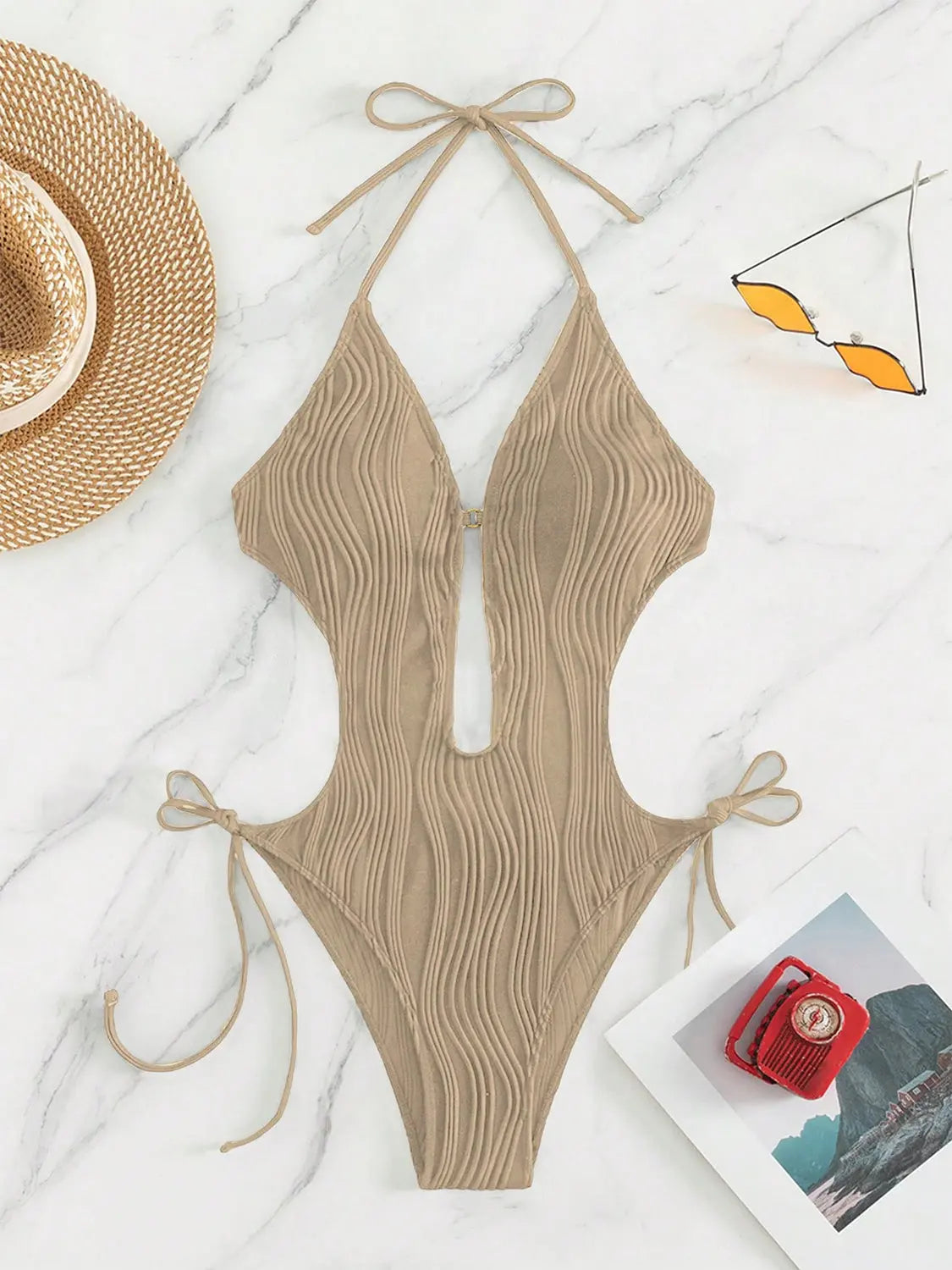 Textured Cutout Tied One-Piece Swimwear - So•phis•ti•hood Boutique