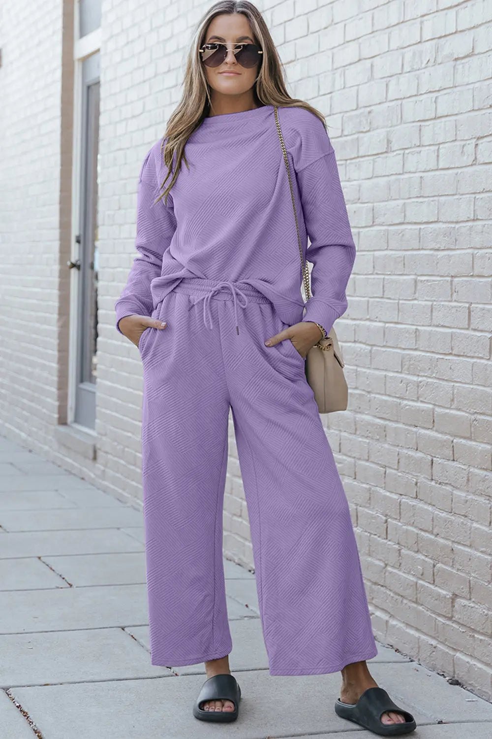 Double Take Full Size Textured Long Sleeve Top and Drawstring Pants Set - So•phis•ti•hood Boutique