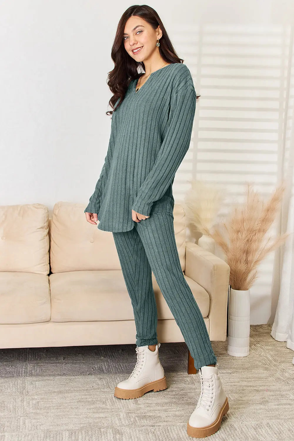 Basic Bae Full Size Notched Long Sleeve Top and Pants Set - So•phis•ti•hood Boutique