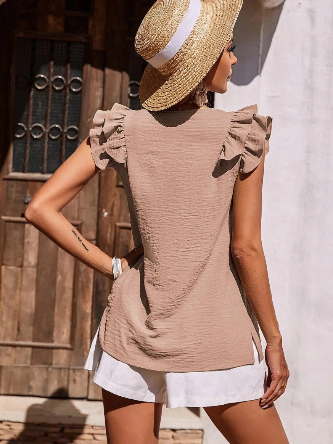 Ruffled V-Neck Cap Sleeve Blouse - So•phis•ti•hood Boutique