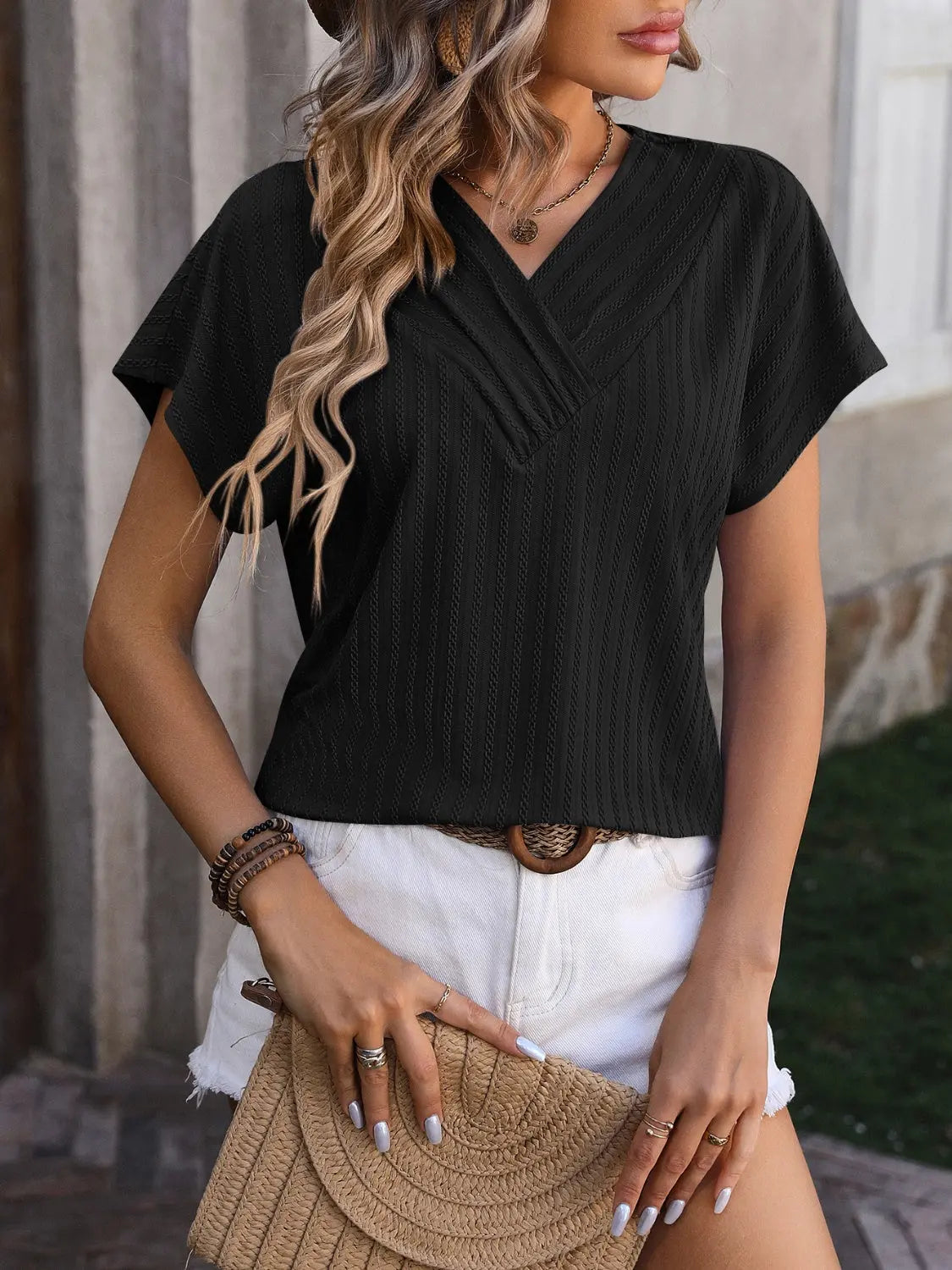 Textured Surplice Short Sleeve Blouse - So•phis•ti•hood Boutique