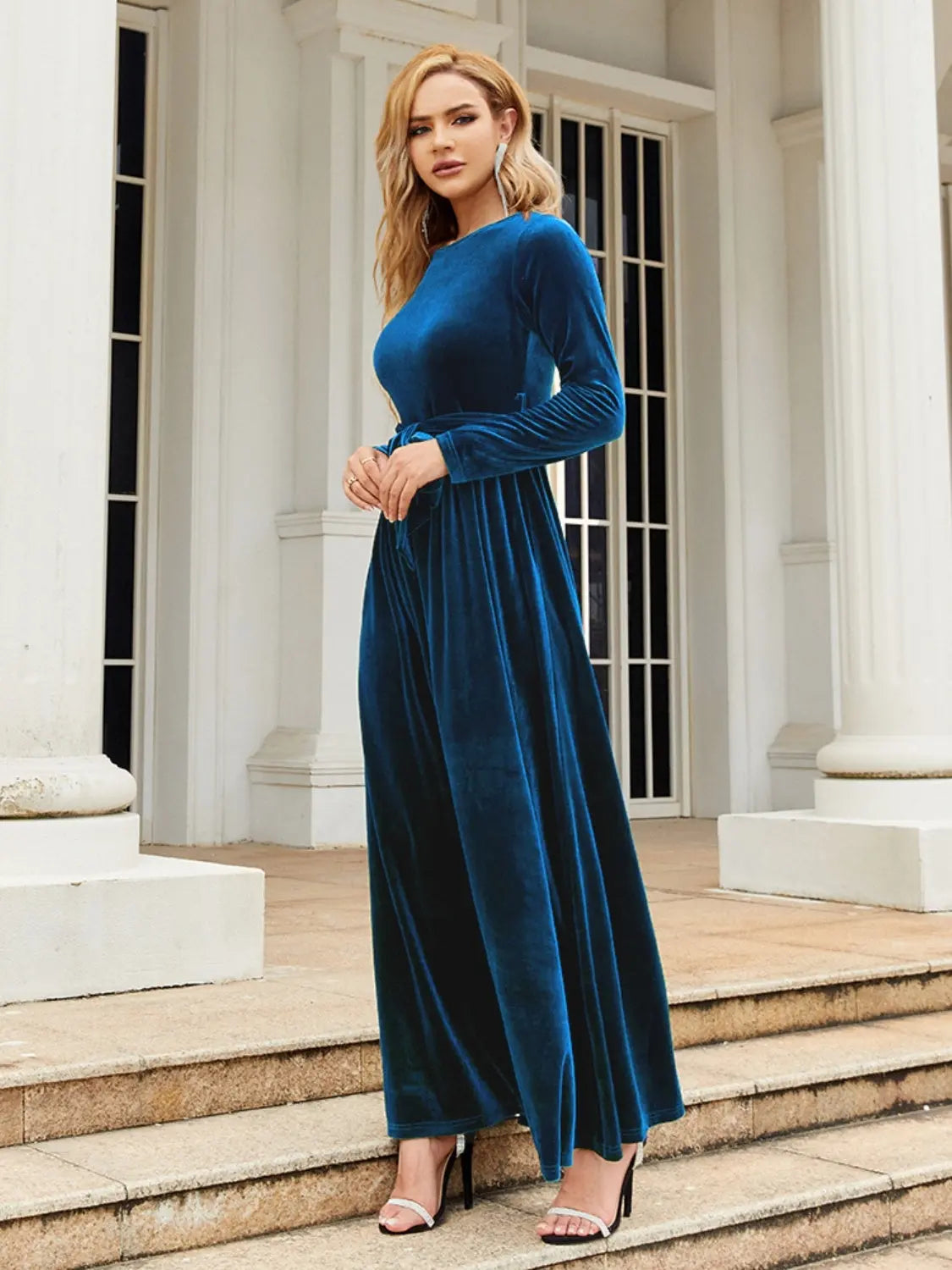 Tie Front Round Neck Long Sleeve Maxi Dress - So•phis•ti•hood Boutique