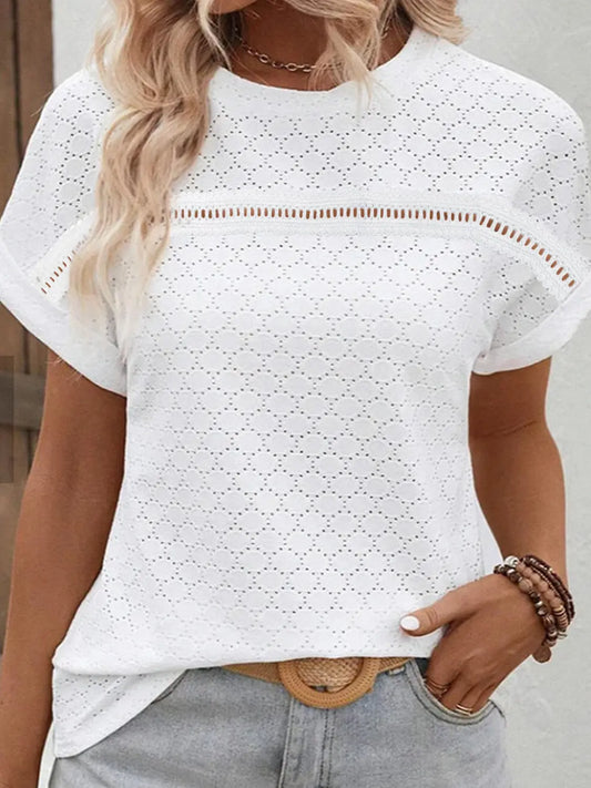 Eyelet Round Neck Short Sleeve Blouse - So•phis•ti•hood Boutique