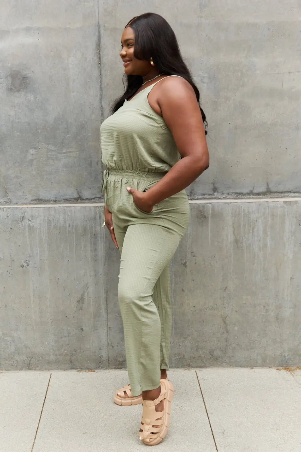 ODDI Full Size Textured Woven Jumpsuit in Sage - So•phis•ti•hood Boutique