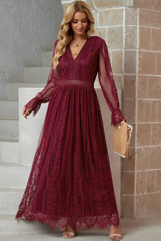 Scalloped Hem Flounce Sleeve Lace V-Neck Maxi Dress - So•phis•ti•hood Boutique