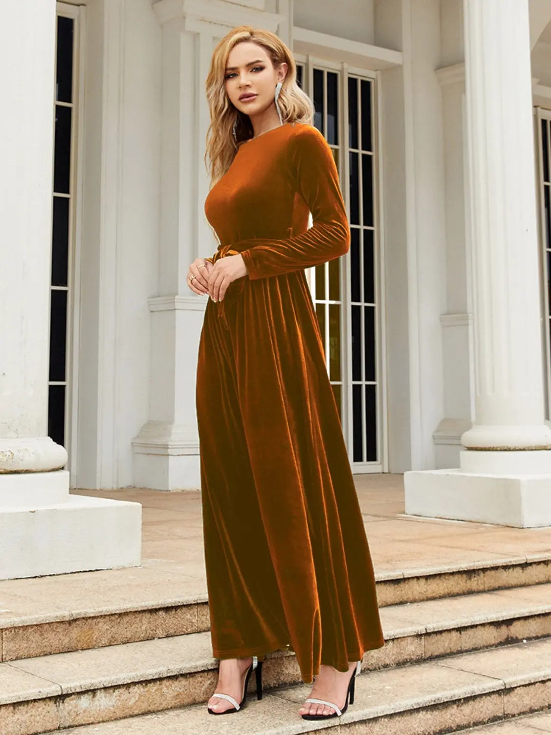 Tie Front Round Neck Long Sleeve Maxi Dress - So•phis•ti•hood Boutique