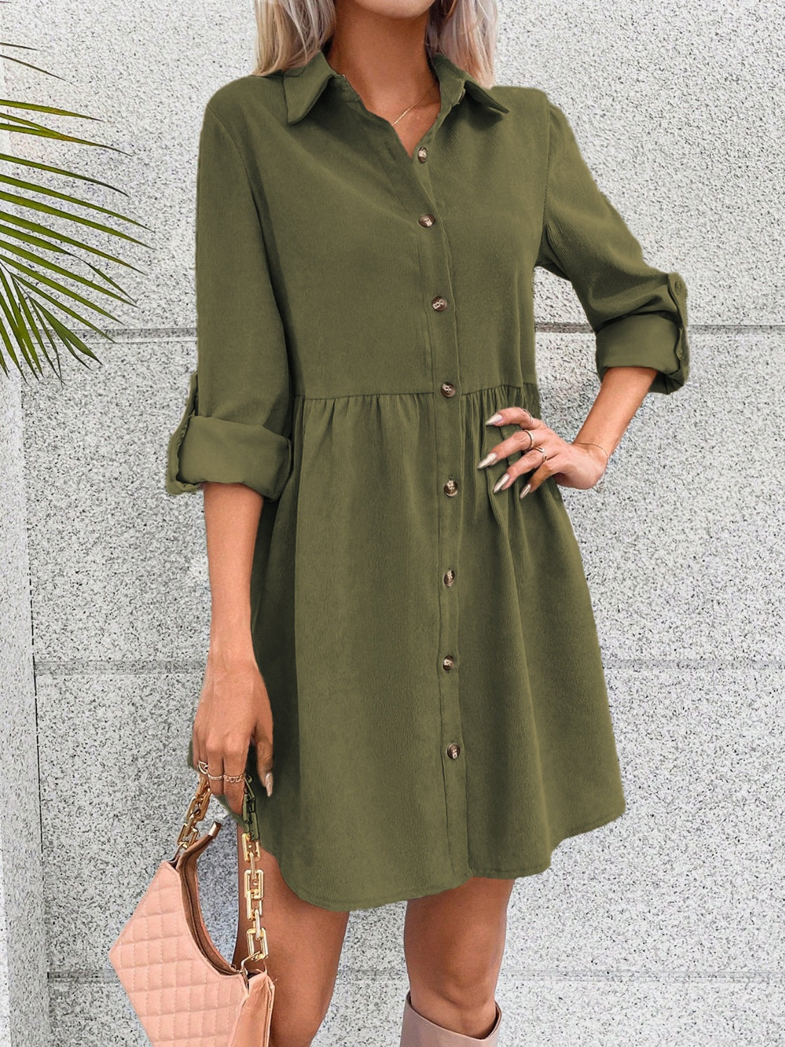 Button Up Collared Neck Long Sleeve Dress - So•phis•ti•hood Boutique