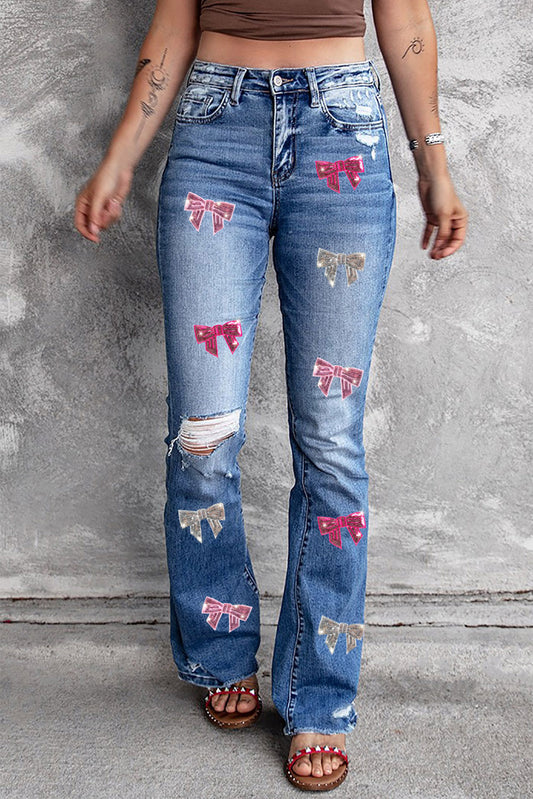 Sequin Bow Distressed Bootcut Jeans - So•phis•ti•hood Boutique