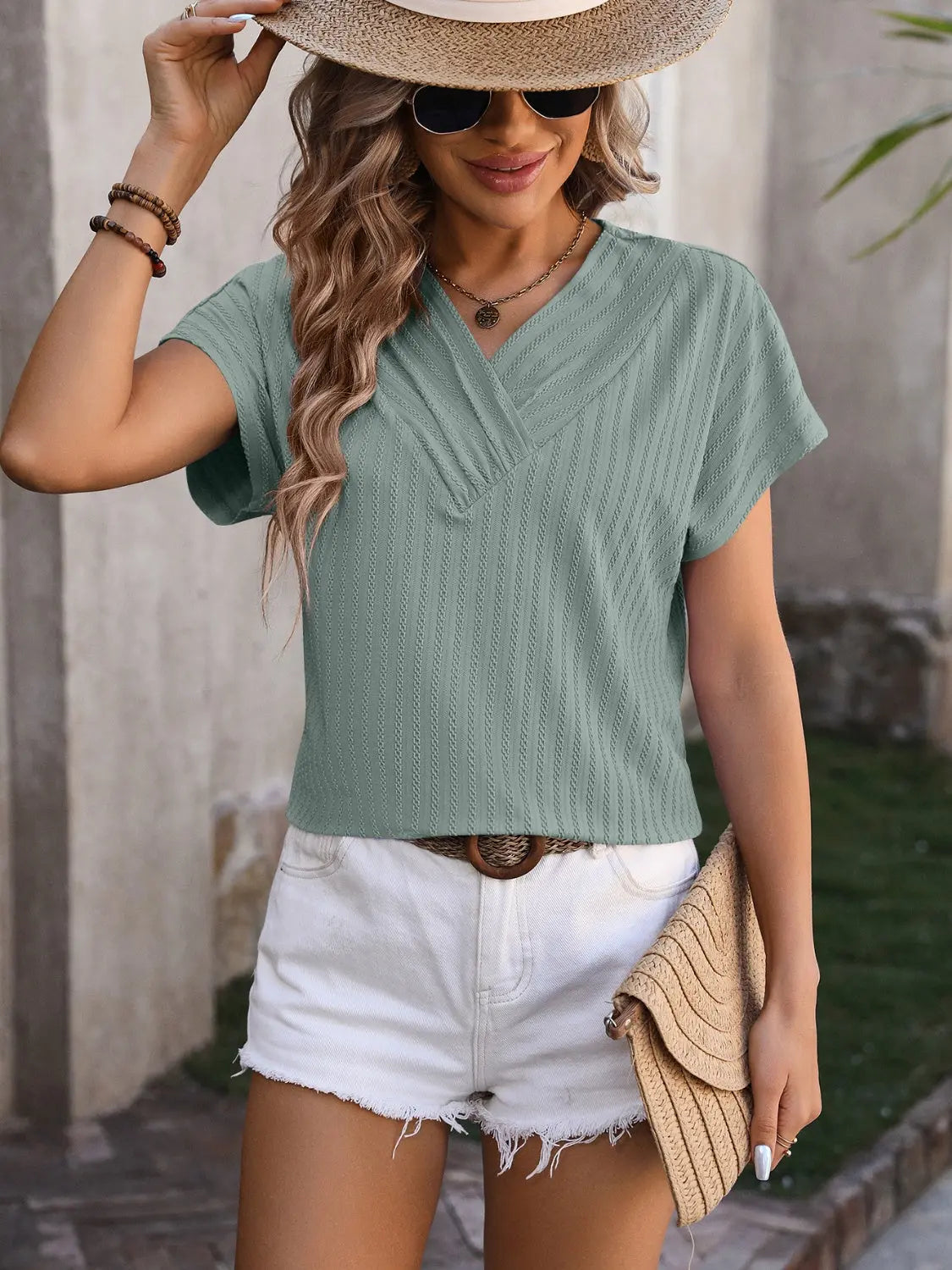 Textured Surplice Short Sleeve Blouse - So•phis•ti•hood Boutique