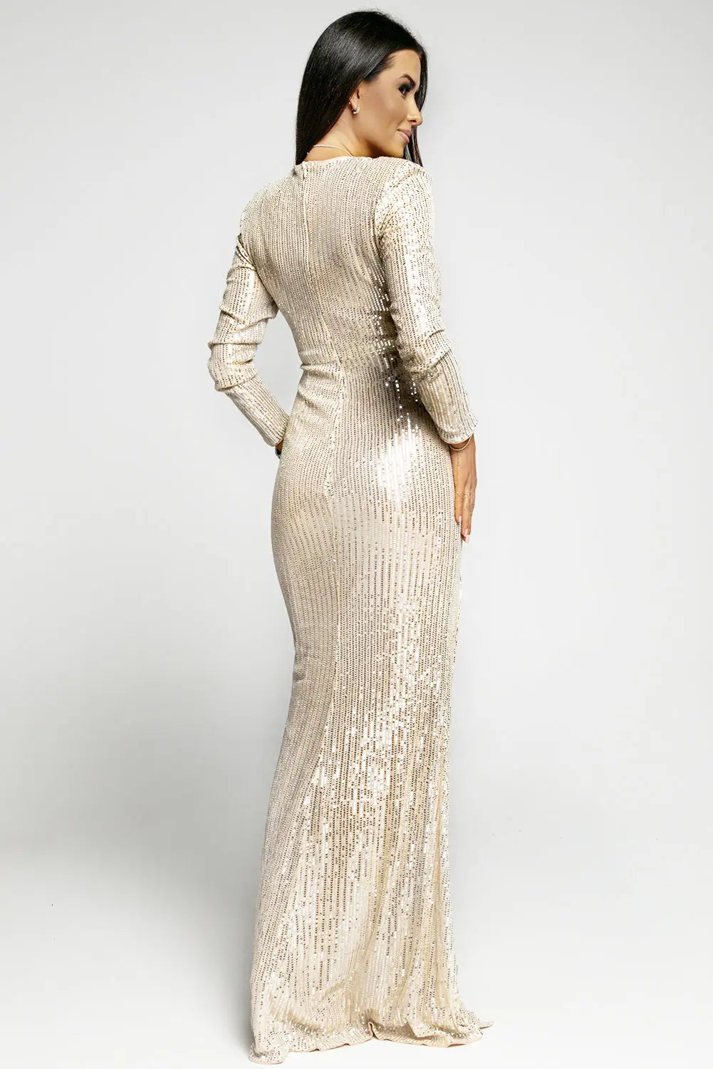 Sequin Cutout Ruched Split Long Sleeve Maxi Dress - So•phis•ti•hood Boutique