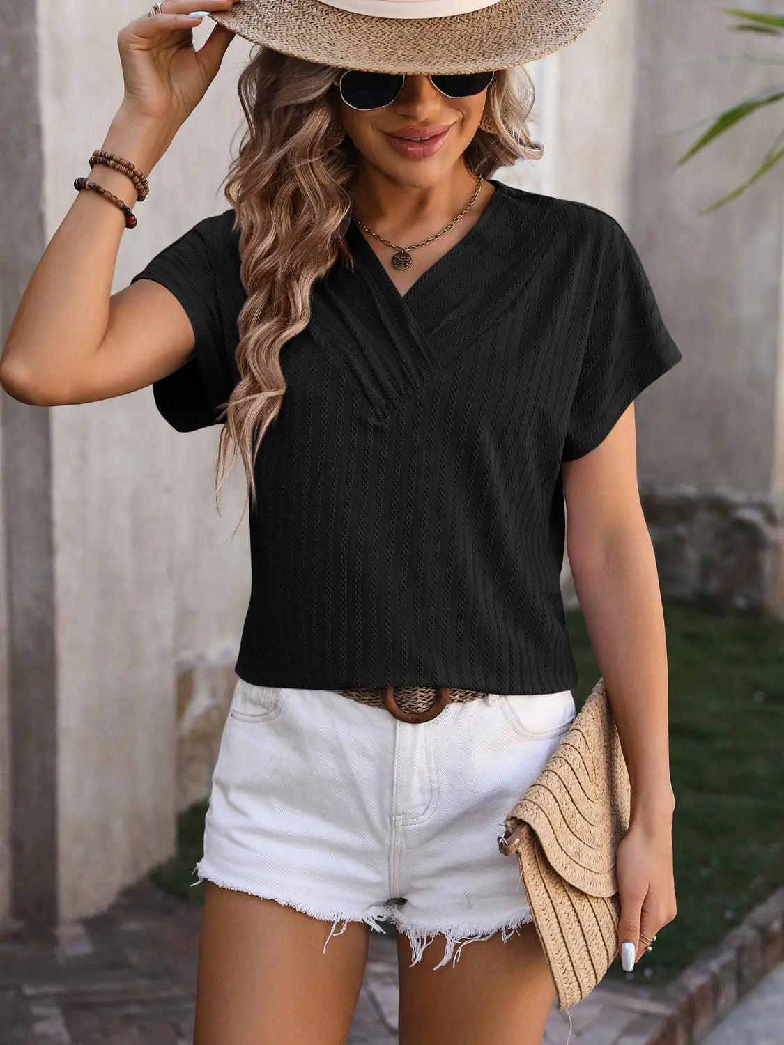 Textured Surplice Short Sleeve Blouse - So•phis•ti•hood Boutique