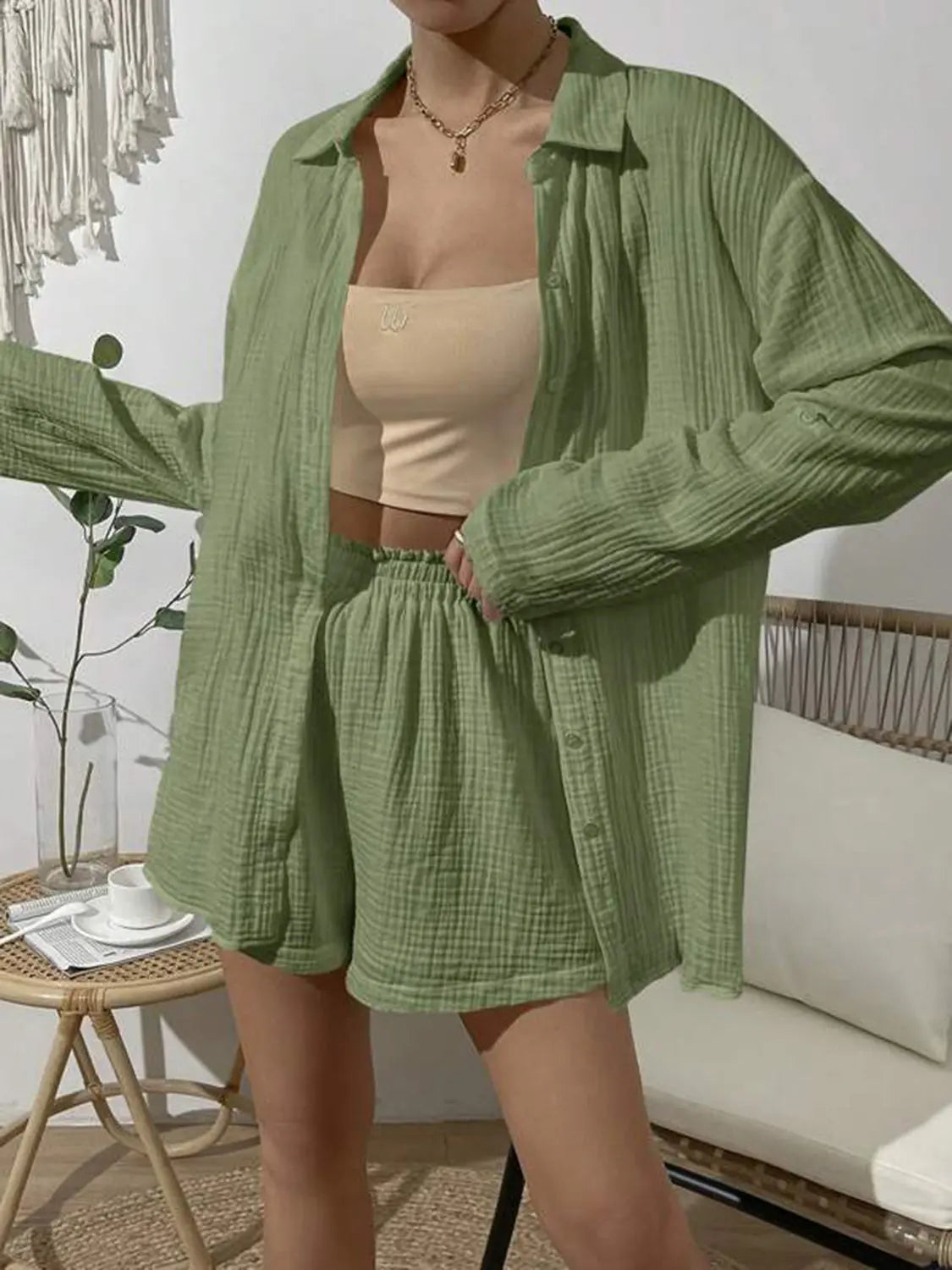 Dropped Shoulder Button Up Top and Elastic Waist Shorts Set - So•phis•ti•hood Boutique