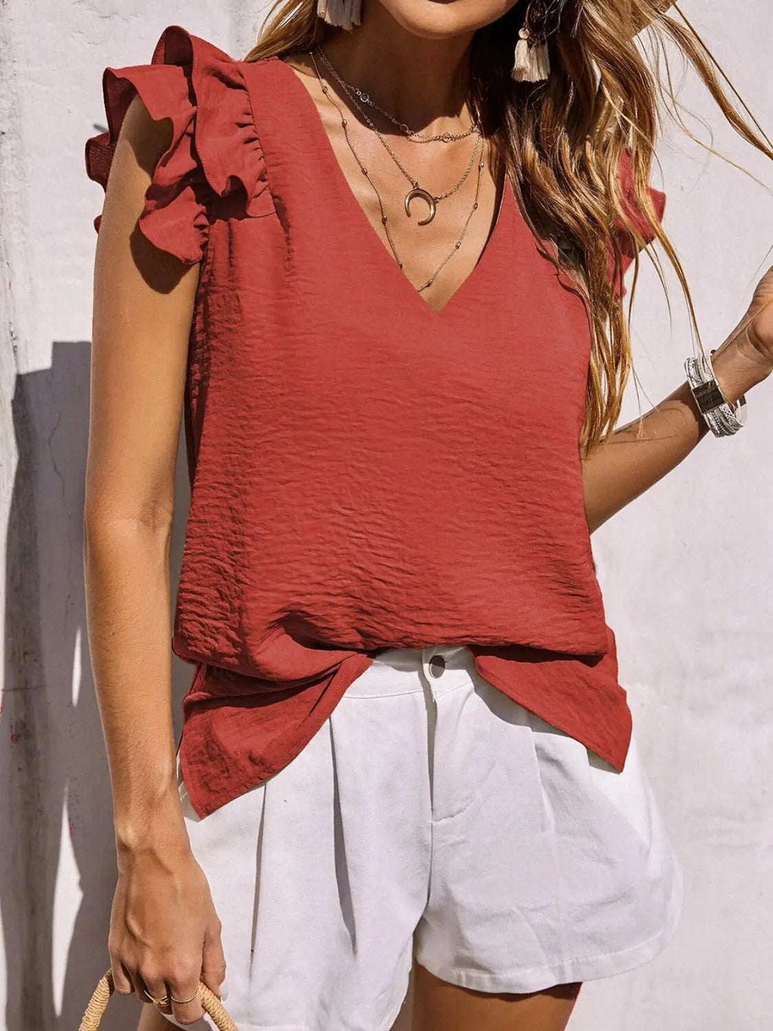 Ruffled V-Neck Cap Sleeve Blouse - So•phis•ti•hood Boutique