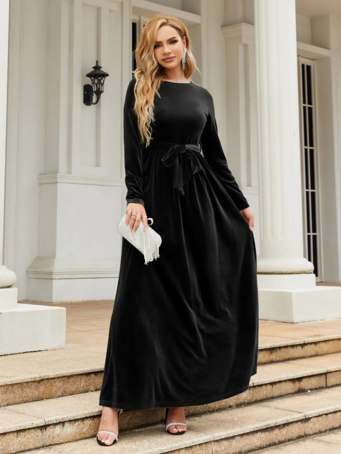 Tie Front Round Neck Long Sleeve Maxi Dress - So•phis•ti•hood Boutique