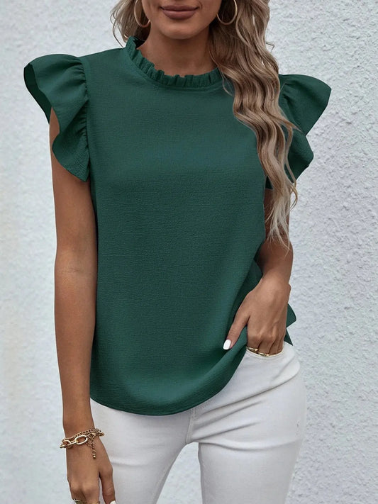 Mock Neck Ruffled Cap Sleeve Blouse - So•phis•ti•hood Boutique