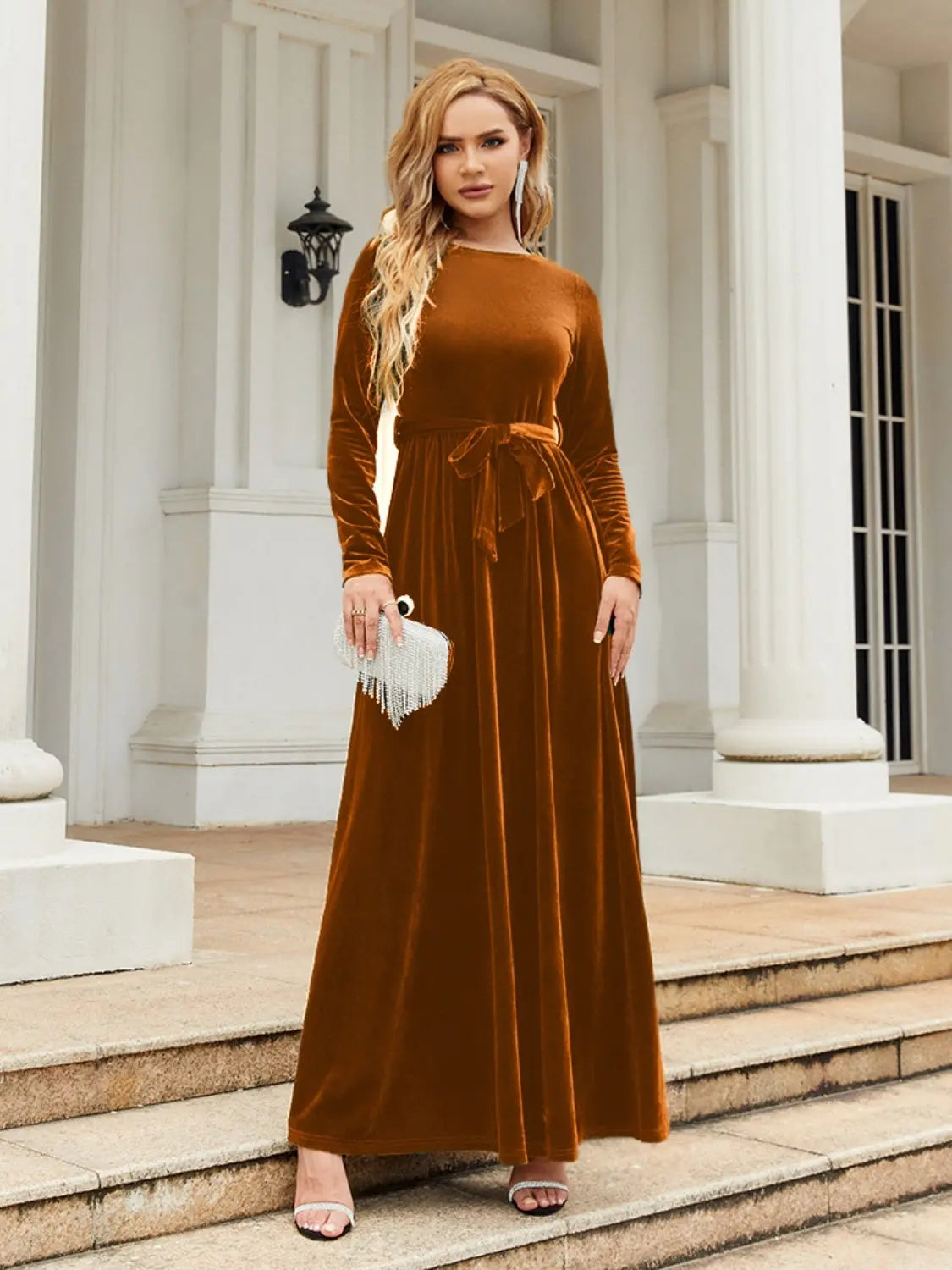 Tie Front Round Neck Long Sleeve Maxi Dress - So•phis•ti•hood Boutique