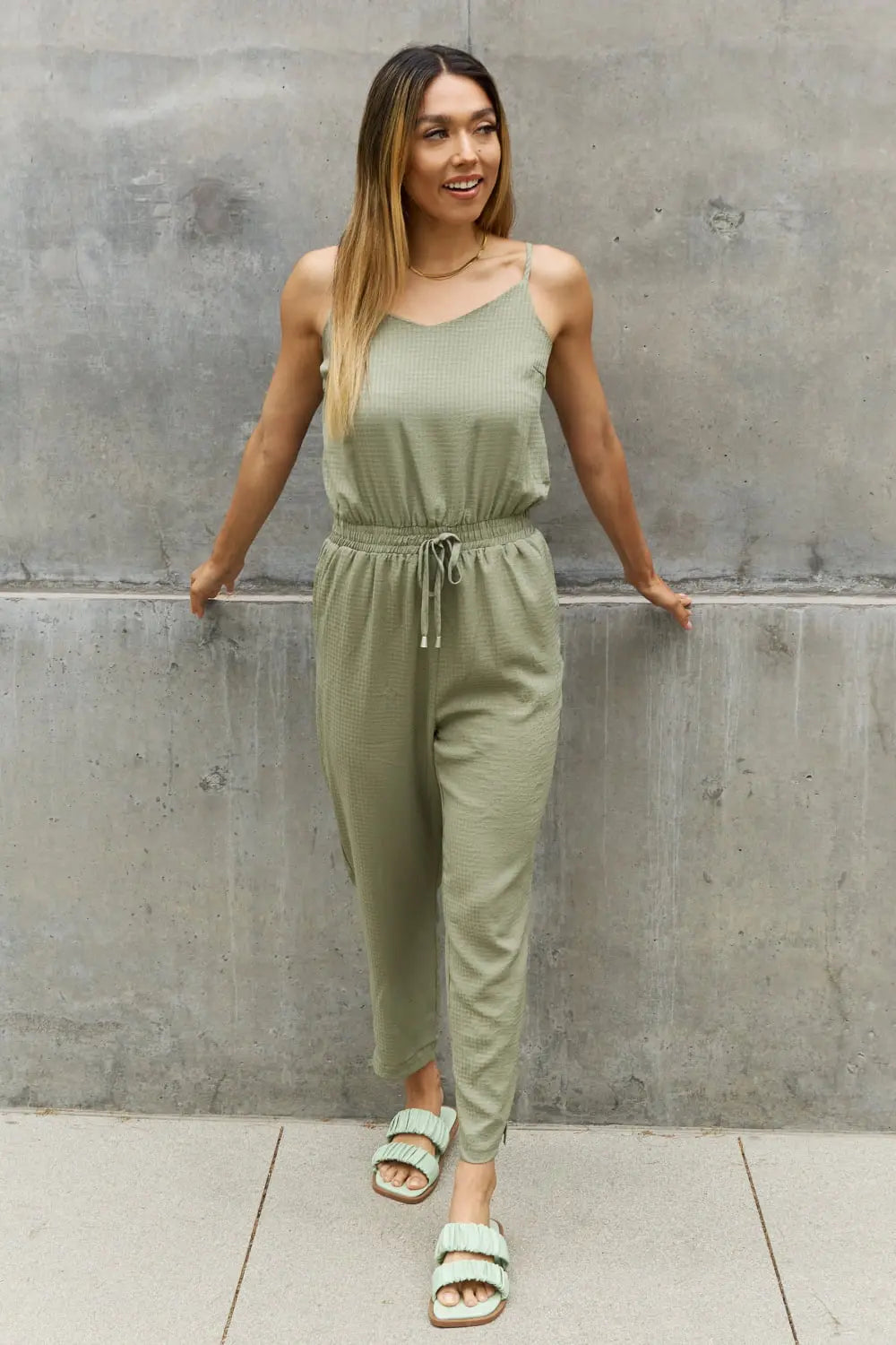 ODDI Full Size Textured Woven Jumpsuit in Sage - So•phis•ti•hood Boutique