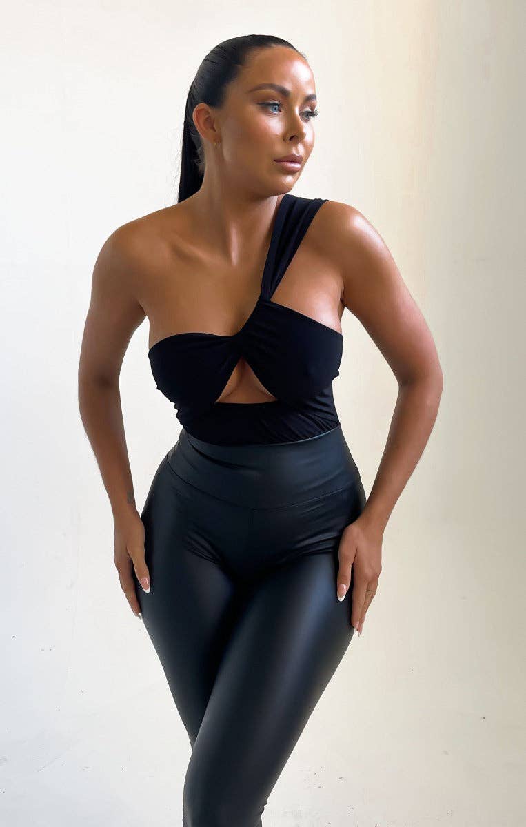 Black One Shoulder Cut Out Asymmetric Fitted Bodysuit - Nuri - So•phis•ti•hood Boutique