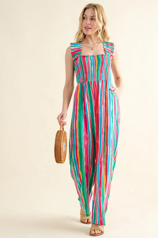 And The Why Full Size Striped Smocked Sleeveless Jumpsuit - So•phis•ti•hood Boutique