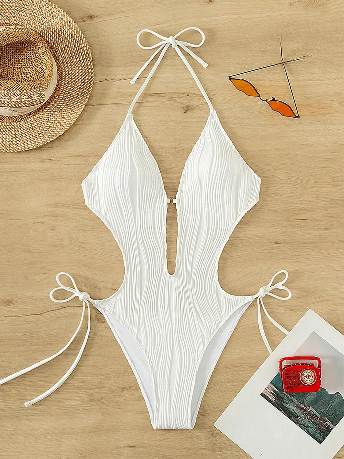 Textured Cutout Tied One-Piece Swimwear - So•phis•ti•hood Boutique