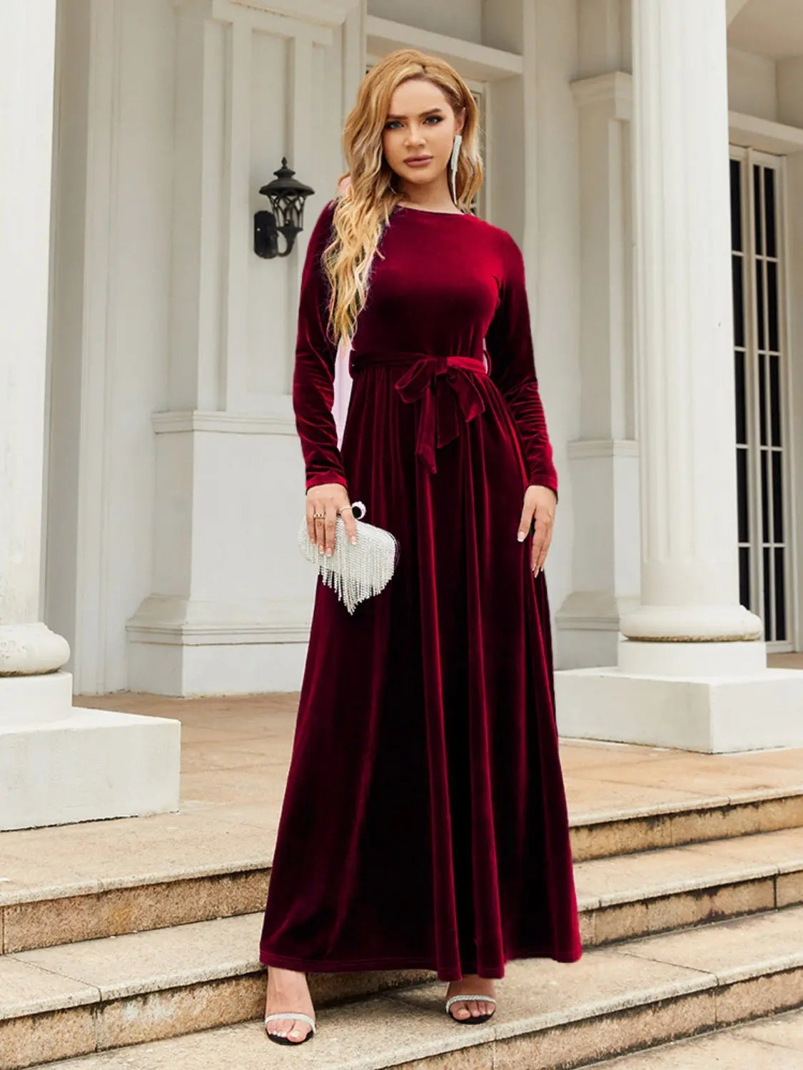 Tie Front Round Neck Long Sleeve Maxi Dress - So•phis•ti•hood Boutique