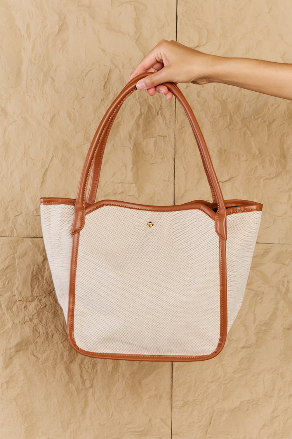 Fame Beach Chic Faux Leather Trim Tote Bag in Ochre - So•phis•ti•hood Boutique