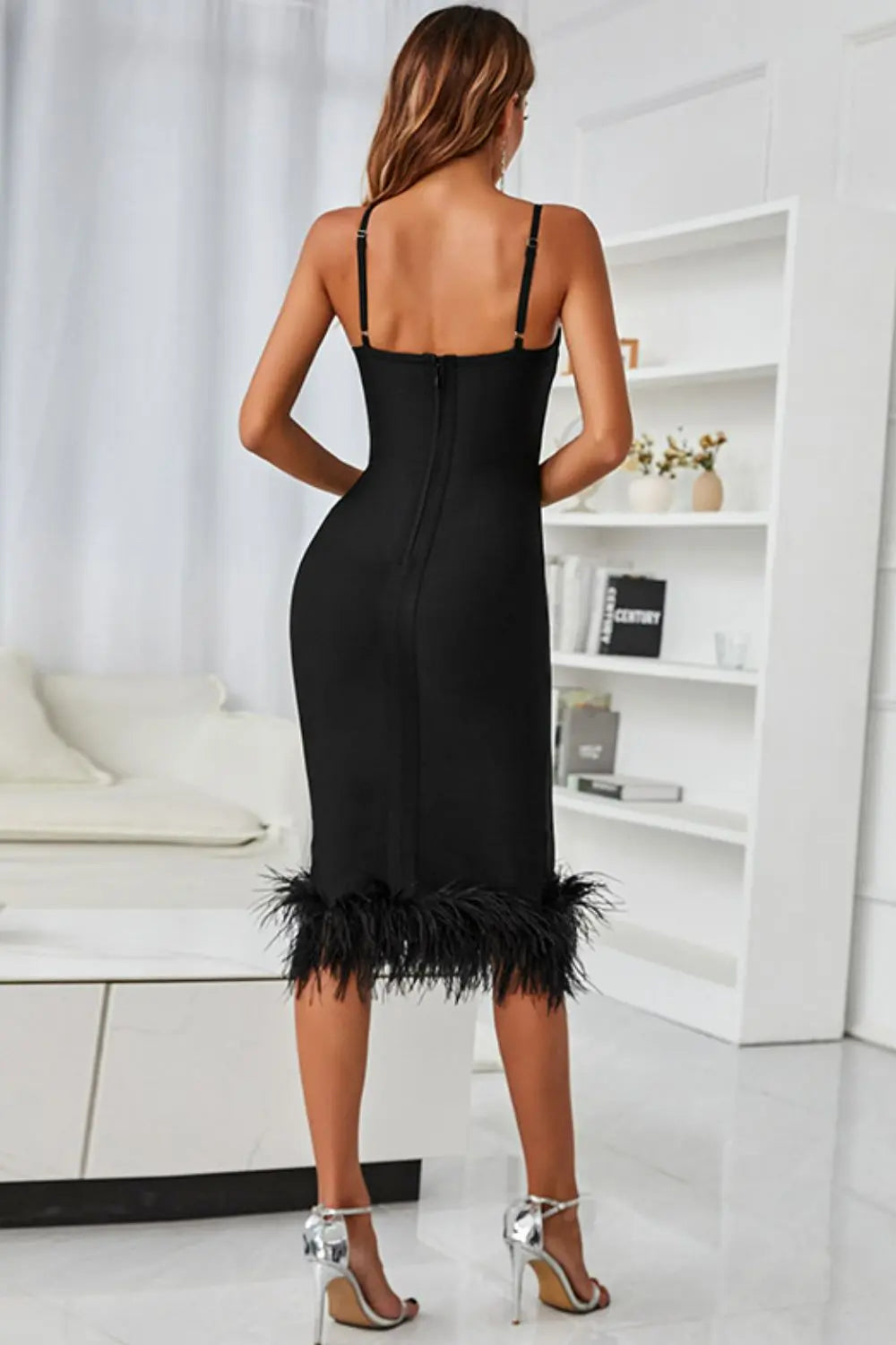 Spaghetti Strap Feather Trim Bodycon Dress - So•phis•ti•hood Boutique