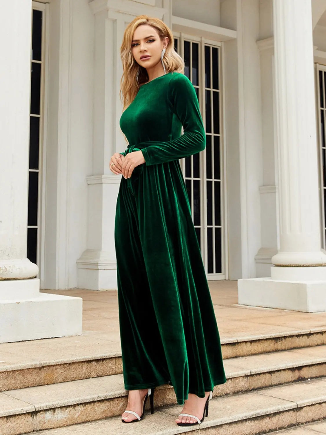 Tie Front Round Neck Long Sleeve Maxi Dress - So•phis•ti•hood Boutique