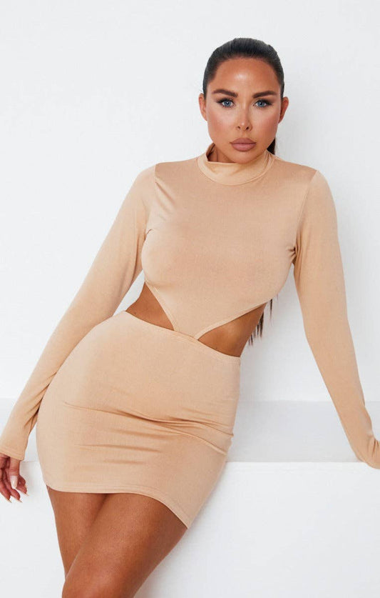 Stone High Neck Long Sleeve Cut Out Side Bodycon Mini Dress - So•phis•ti•hood Boutique