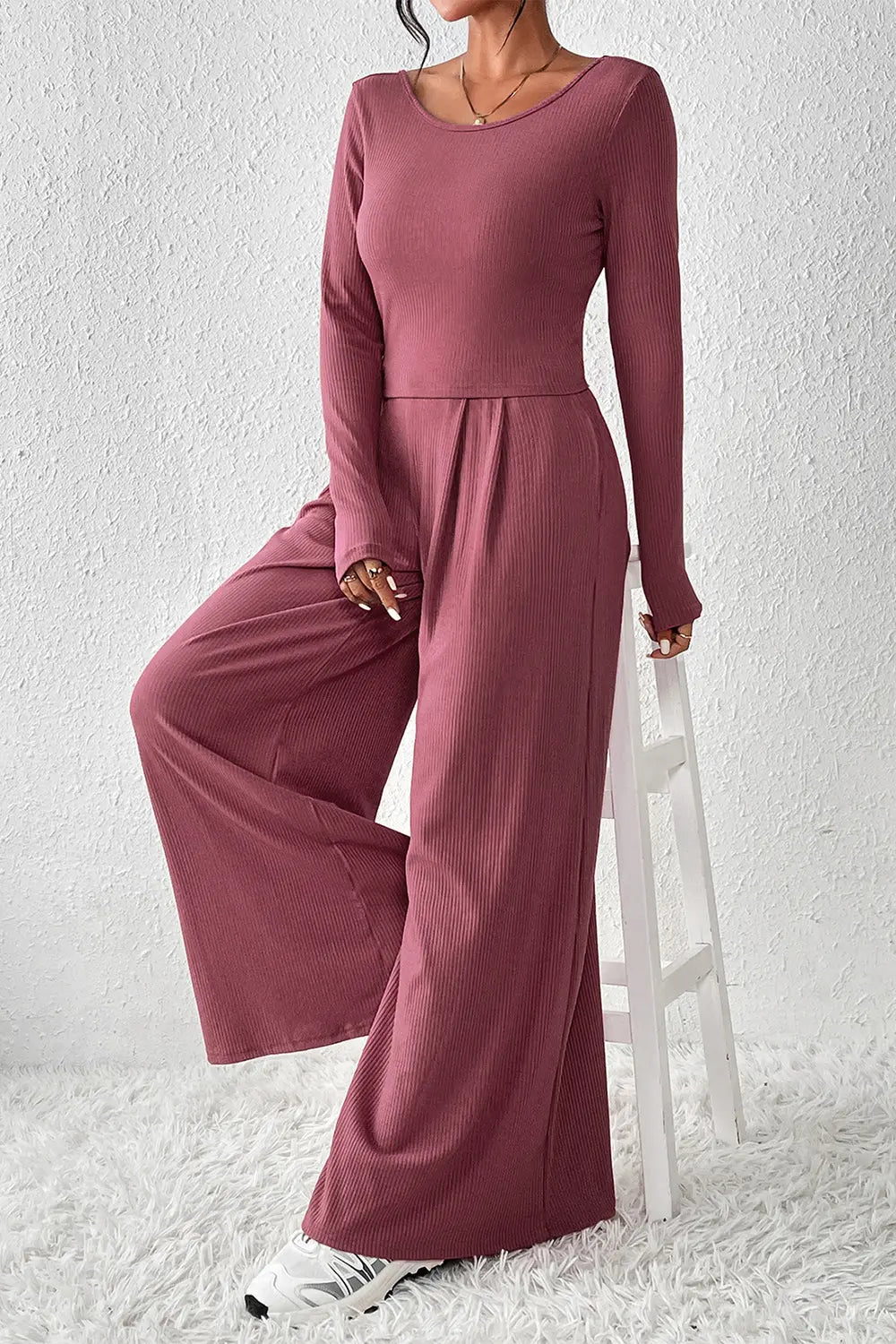 Ribbed Round Neck Top and Wide-Leg Pants Set - So•phis•ti•hood Boutique