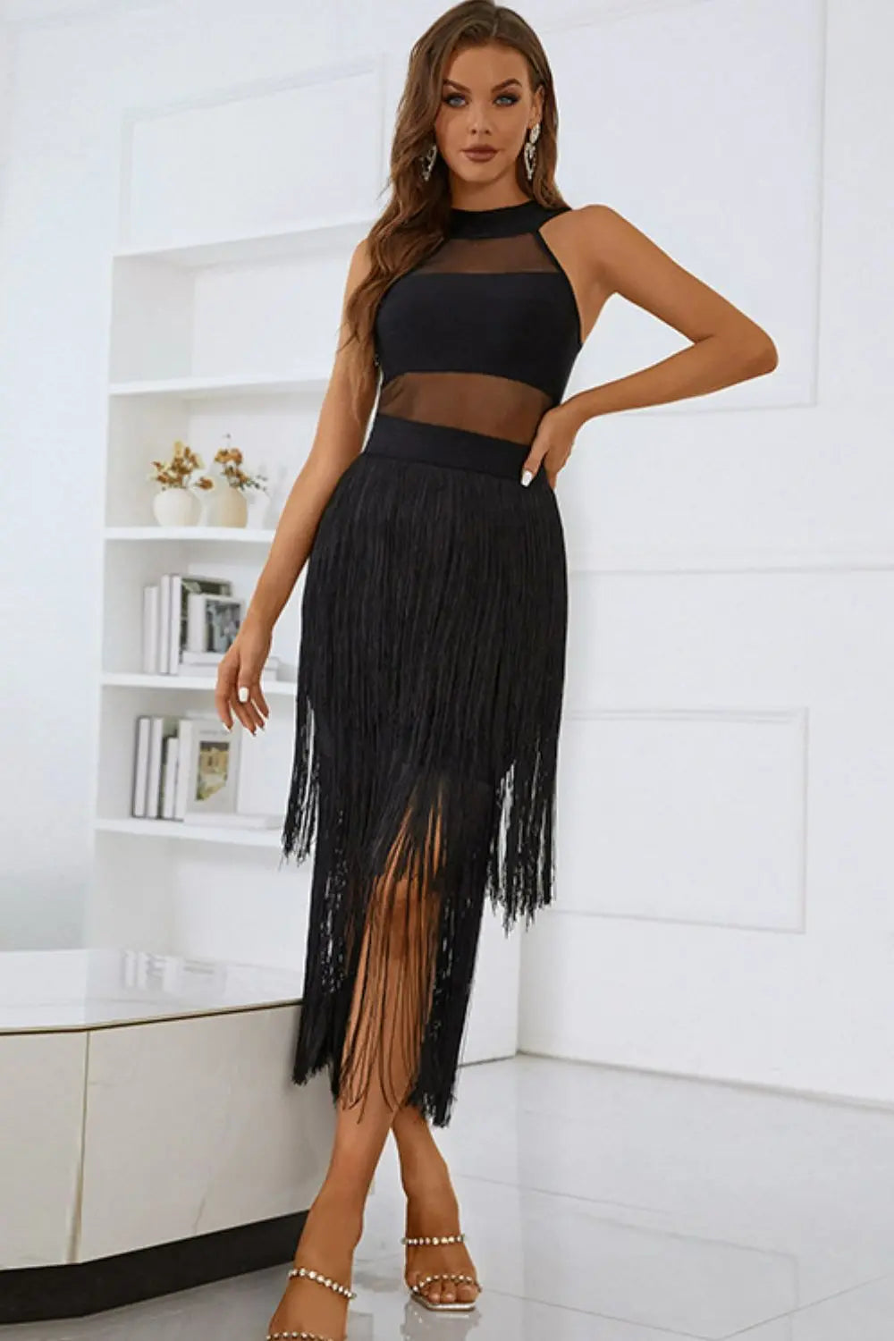 Spliced Mesh Fringe Hem Sleeveless Dress - So•phis•ti•hood Boutique