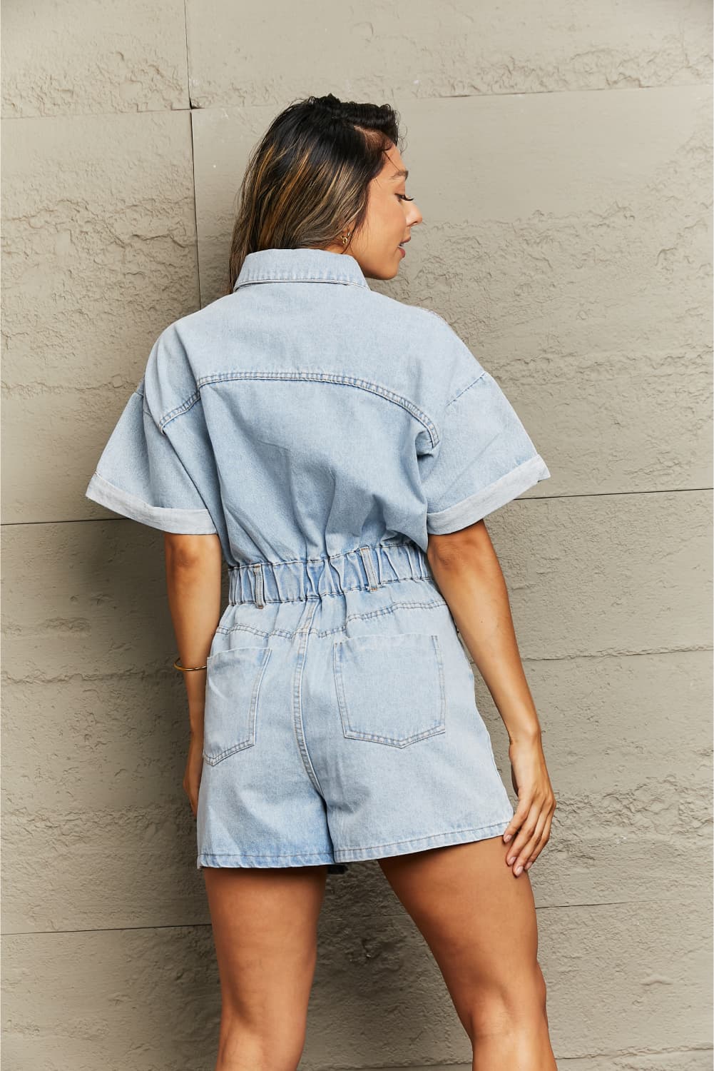 Collared Neck Denim Romper with Pockets - So•phis•ti•hood Boutique